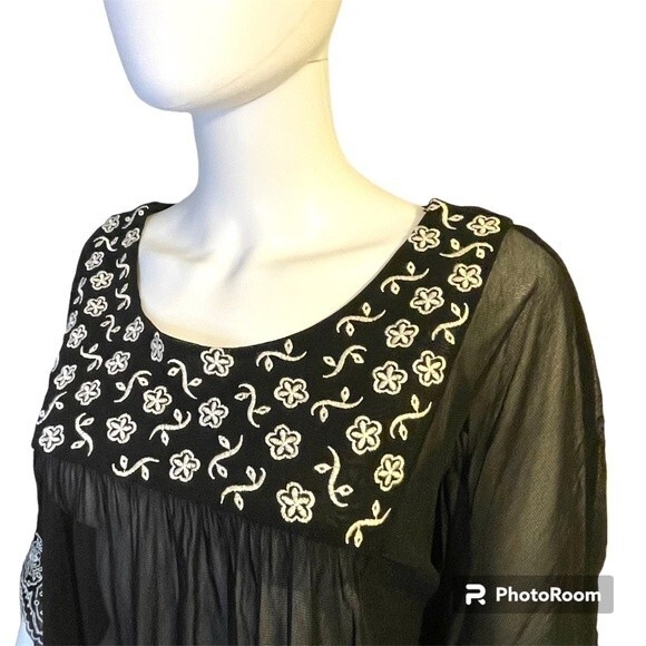 INC International Concepts Black Sheer Embroidered Floral Blouse Size L - Picture 3 of 9